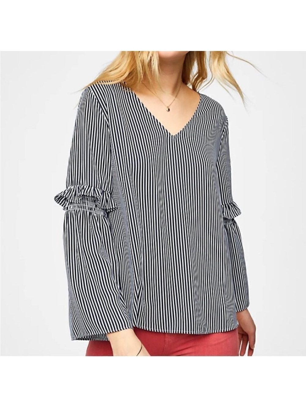 LOFT Dark Navy and White Stripe V-Neck Ruffle-Sleeve Blouse size M